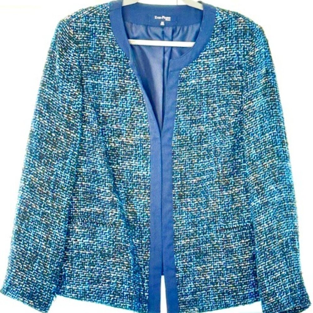 Evan-Picone Jacket Varied Dk Blues Textured Flat Collar comfy Hook Front SZ 18W